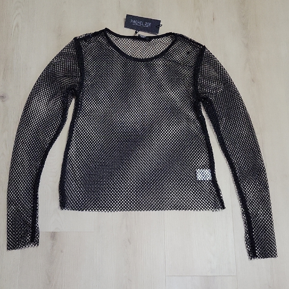 RACHEL ZOE Long Sleeve Fitted Crew Neck Mesh Top With Rhinestone Small Black NWT